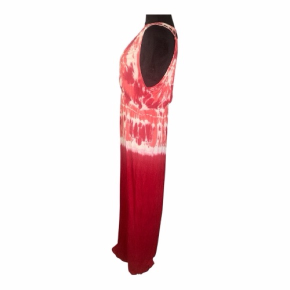 ONE WORLD Women’s Red and White Tie-Dye Sleeveless Maxi Dress Size L - Picture 3 of 5